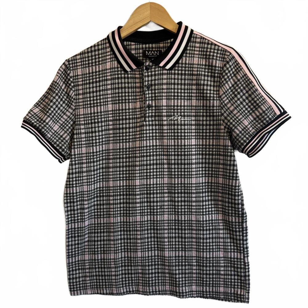 BoohooMAN Plaid Polo Shirt Mens M Black Pink Streetwear